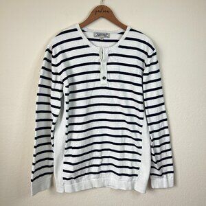 Piece of Blue Sweater Mens XL White Navy Blue Striped Henley Pullover Shirt
